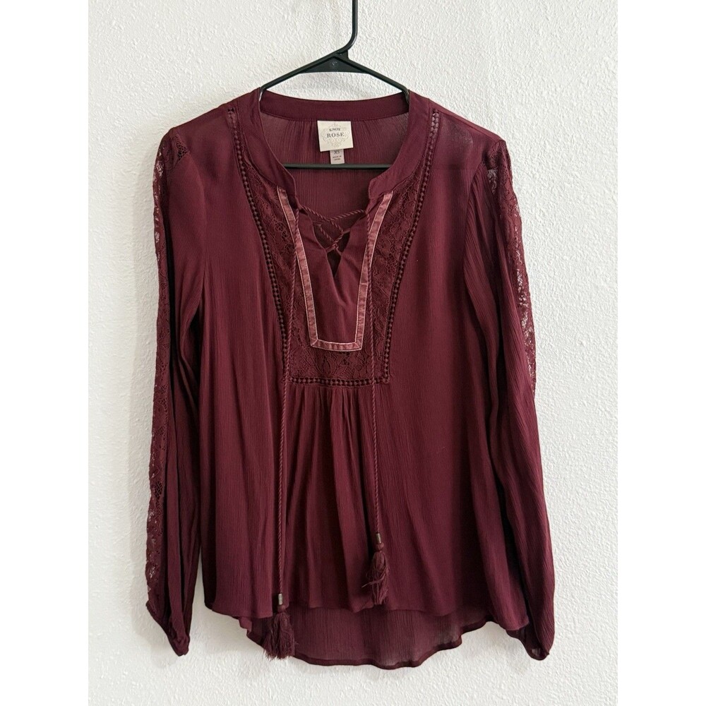 Knox Rose Boho Top Burgundy peasant Blouse Tassels XS